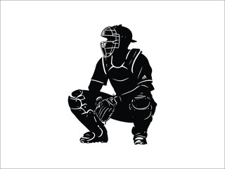 Baseball Catcher Silhouettes in Squatting Pose - Sports Clipart Design