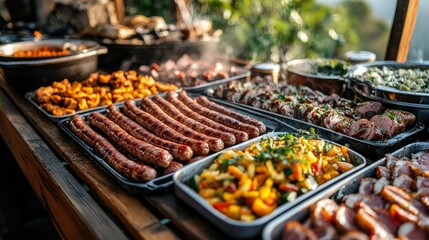 Obraz premium A gourmet breakfast buffet with a variety of dishes, ideal for promoting hospitality and luxury dining experiences.
