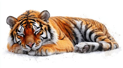Fototapeta premium Majestic Tiger Resting on Soft Snow with Striking Fur Patterns and Serene Expression, Captured in a Beautifully Detailed Digital Illustration
