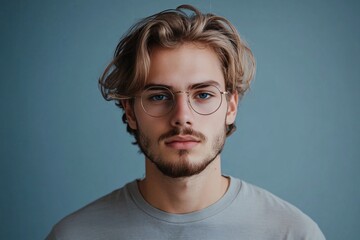 Fototapeta premium Portrait of confident young man wearing glasses and grey t-shirt on blue background