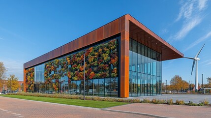 Naklejka premium Modern building with vertical garden and wind turbine.