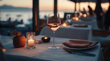 Savoring Valentine's Day Romance Private Dining Table Still Life Intimate Setting Sunset View Red Wine Glass
