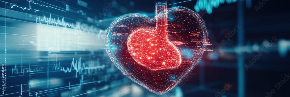 Poster Glowing red heart with dynamic cardiogram symbolizing health and vitality in a digital environment. Generative AI