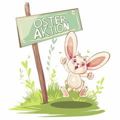 Obraz premium A cartoon Easter bunny holding up an sign with the text 