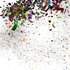 A vibrant celebration image featuring colorful confetti and ribbons exploding on a white background. Perfect for birthday, party, and festive designs.