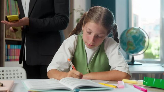 Angry strict teacher professor woman tutor supervising controlling naughty bad behavior little girl Caucasian child school kid student learner writing exam homework task education in classroom library