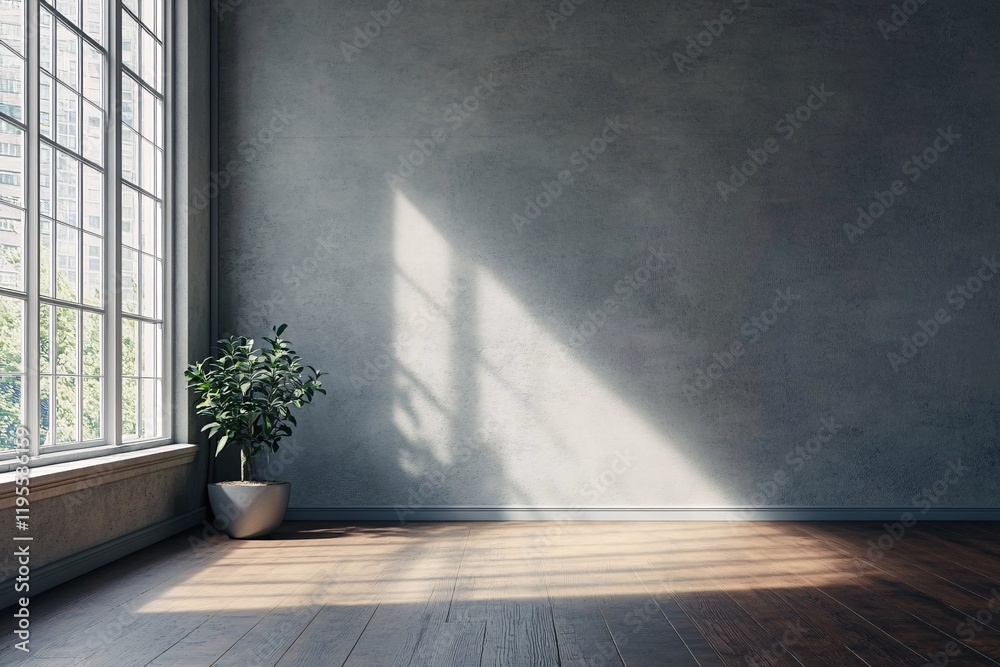 Poster Sunlight illuminating empty room with potted plant and large window