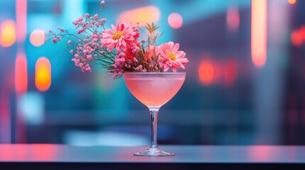 Valentine's Day Cocktail Celebration DJ Booth Drink and Floral Arrangement Festive Atmosphere Romantic Viewpoint