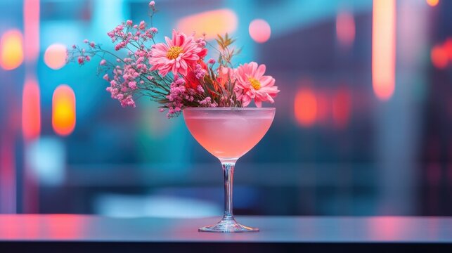 Valentine's Day Cocktail Celebration DJ Booth Drink and Floral Arrangement Festive Atmosphere Romantic Viewpoint