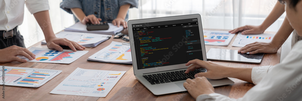 Aufkleber Software development programming on computer screen for brisk application and program coding
