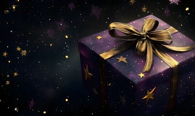 Purple gift box with gold ribbon and stars.