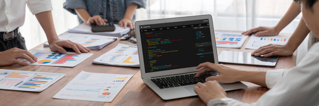 Software development programming on computer screen for brisk application and program coding