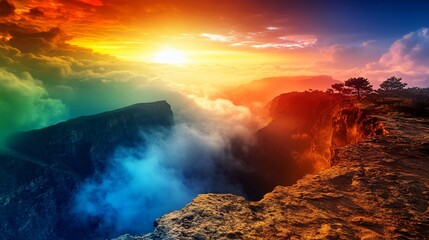 Vibrant Sunset Over Misty Mountain Canyon