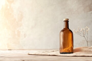 Brown glass bottle standing on wooden table with linen cloth