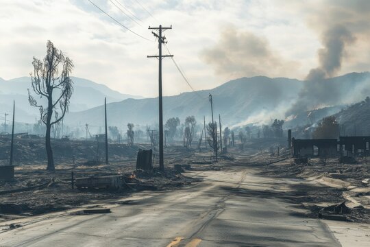 Devastated landscape after a wildfire, with charred trees, burnt structures, smoke rising in the distance, and a desolate road stretching into the scorched terrain