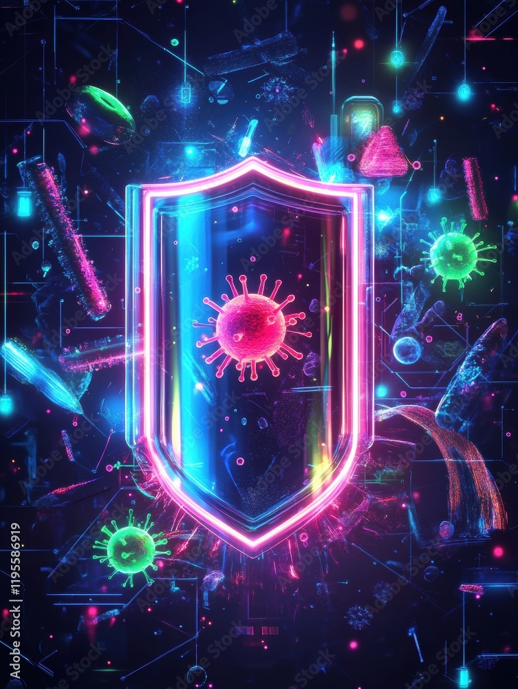 Aufkleber Shield protects against harmful microbes with vibrant colors and digital elements representing safety and defense strategies in health. Generative AI