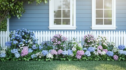 Naklejka premium Decorative floral stands in a backyard with green grass and white picket fence
