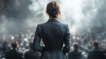 A professional speaker presenting at a business conference, inspiring leadership and professional development. Ideal for corporate materials, training programs, and motivational content.