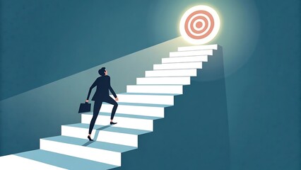 A businessman confidently ascending a staircase towards luminous target representing career achievement and success illustration