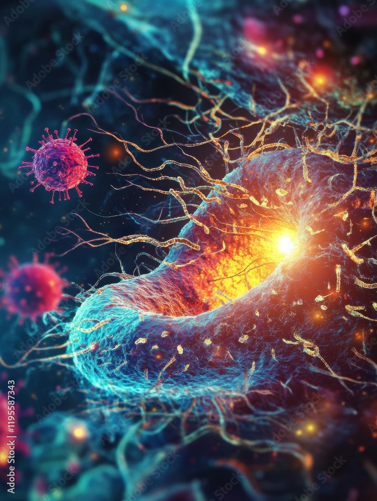 Poster magnified human cell under attack by virus highlights cellular vulnerability and infection dynamics.