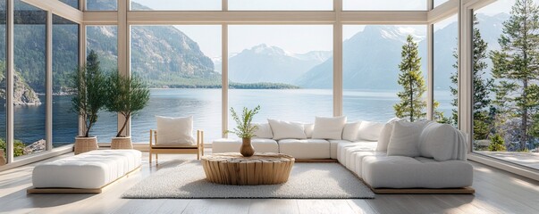 Obraz premium Modern minimalist living room overlooking inspiring lake and mountain view