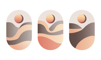 Vector illustration. Abstract landscape with wavy shapes in warm shades of beige, pink, brown. The sun is above as an accent.