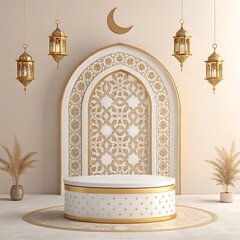 Islamic architecture, ornate white arch, golden crescent moon