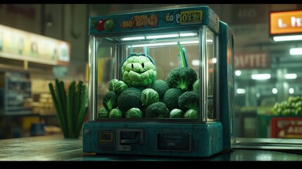 Creative Arcade Game with Cartoon Broccoli in a Claw Machine Display for Fun Marketing
