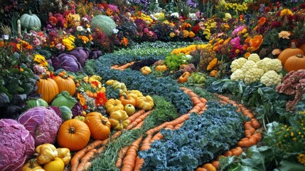 Lush vegetable garden featuring vibrant pumpkins, cabbages, and rows of carrots during a sunny day. Generative AI