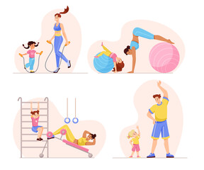 Parent with Child Do Sport Physical Activity Vector Set