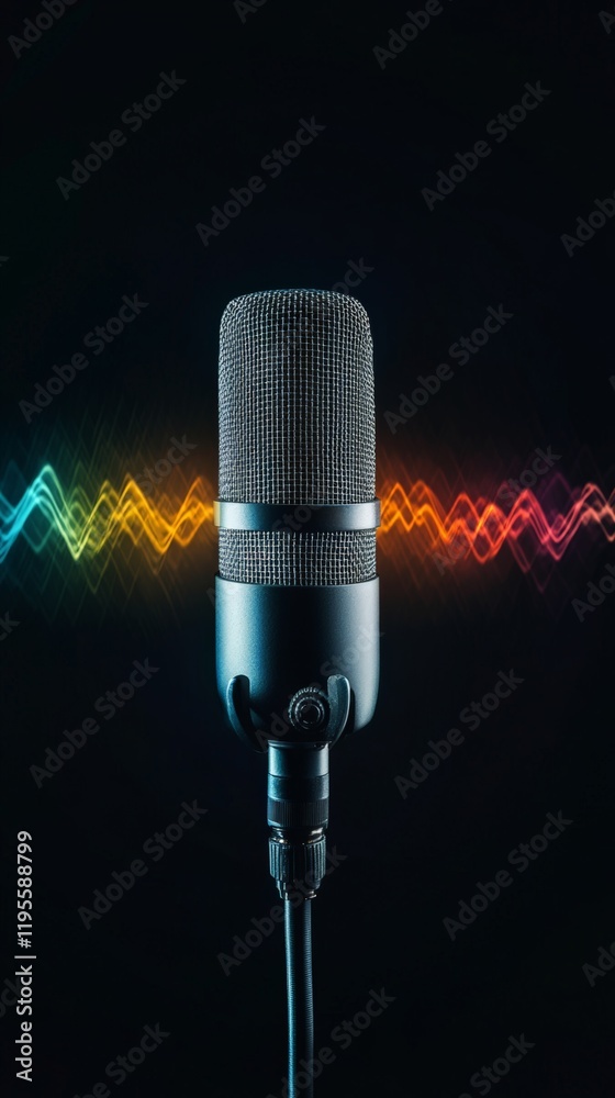 Poster professional studio microphone capturing colorful sound waves, representing audio recording, music p