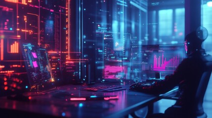 Digital workspace featuring avatars and interactive displays in a modern environment during the late evening hours. Generative AI