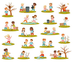 Kids Enjoying Spring Warm Season Playing at Nature Vector Set