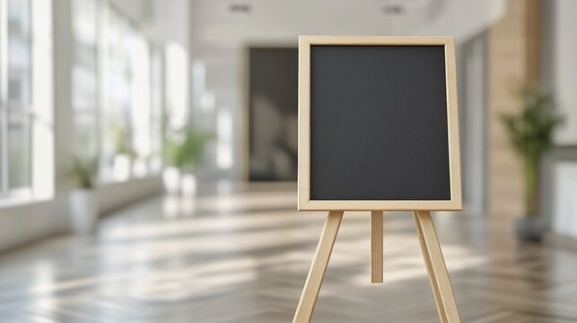Empty black chalkboard easel in modern office space