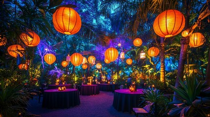 Magical nighttime garden party with lanterns.