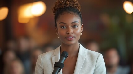 A professional speaker presenting at a business conference, inspiring leadership and professional development. Ideal for corporate materials, training programs, and motivational content.