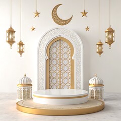 Islamic architecture, ornate white arch, golden crescent moon