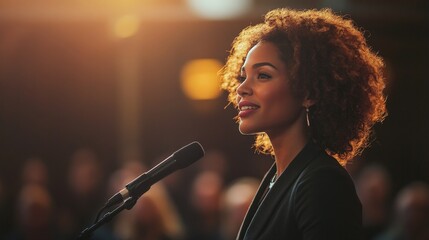 A professional speaker presenting at a business conference, inspiring leadership and professional development. Ideal for corporate materials, training programs, and motivational content.