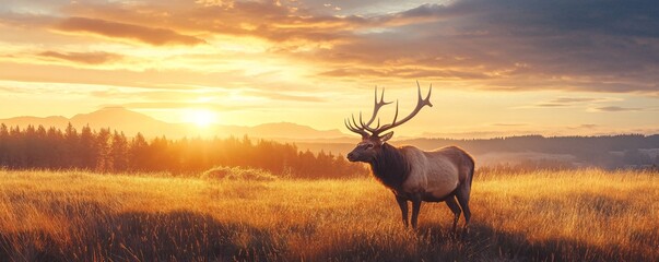 Naklejka premium Majestic elk standing in golden field at sunrise with mountains in background