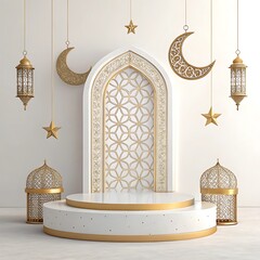 Islamic architecture, ornate white arch, golden crescent moon