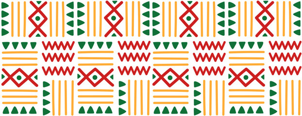 African geometric seamless pattern on white background. Abstract ethnic horizontal ornament. For greeting card, banner, textiles, wallpaper. Vector flat illustration.