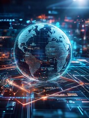 Fototapeta premium Global Network Vibrant Digital Sphere Hovers Above Circuit Board. AI Generated