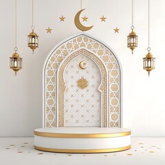 Islamic architecture, ornate white arch, golden crescent moon