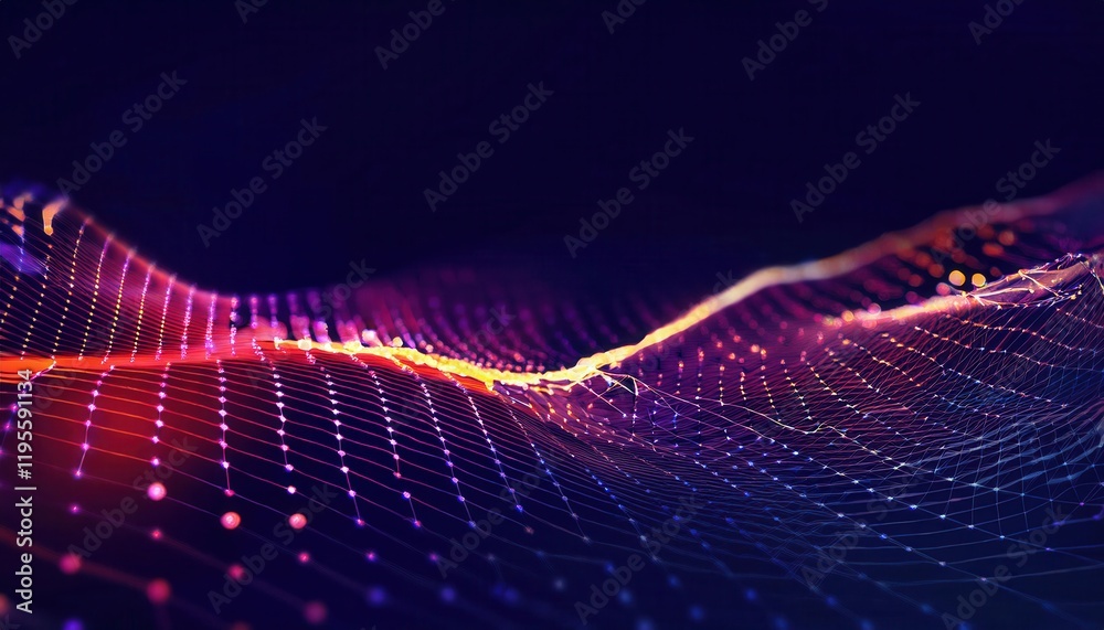 Poster dynamic neon data grid with glowing connections in abstract digital wave pattern, futuristic visualization for tech projects