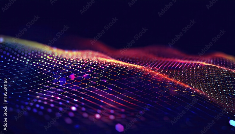 Poster dynamic neon data grid with glowing connections in abstract digital wave pattern, futuristic visualization for tech projects