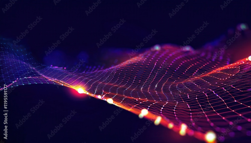 Poster dynamic neon data grid with glowing connections in abstract digital wave pattern, futuristic visualization for tech projects