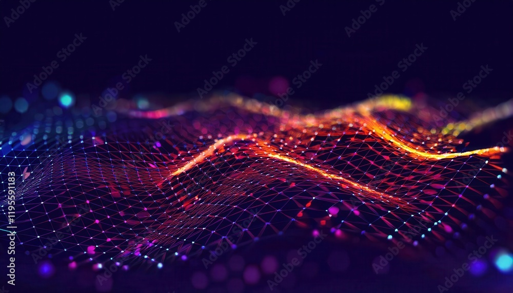 Aufkleber dynamic neon data grid with glowing connections in abstract digital wave pattern, futuristic visualization for tech projects