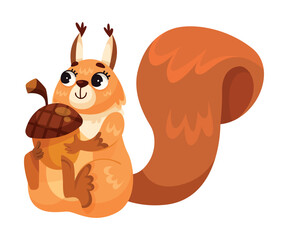 Funny Squirrel Animal Character with Bushy Tail Hold Acorn Vector Illustration