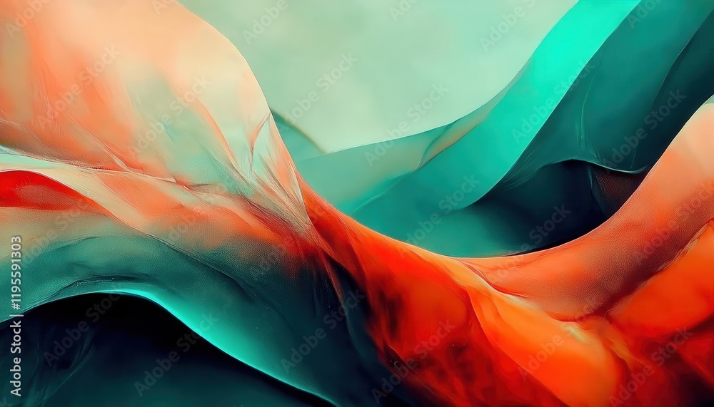 Poster flowing abstract gradient of turquoise and fiery orange tones resembling fabric folds, perfect for m