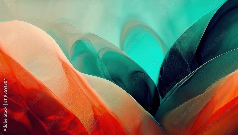 Poster flowing abstract gradient of turquoise and fiery orange tones resembling fabric folds, perfect for m
